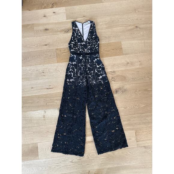 Alice + Olivia - Chels Deep V Sleeveless Wide Leg Lace Jumpsuit in Black & Beige - Picture 1 of 6